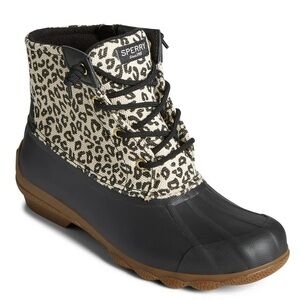 Sperry Women's Leopard-Print Lace-Up Duck Boot in Black and Beige